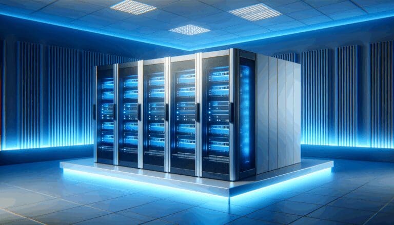 Centro de datos moderno con luces azules y racks de servidores en un entorno seguro.