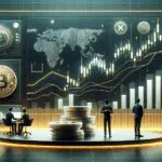 Gráfica conceptual de criptomonedas con gráficos financieros sobre fondo oscuro y moderno.