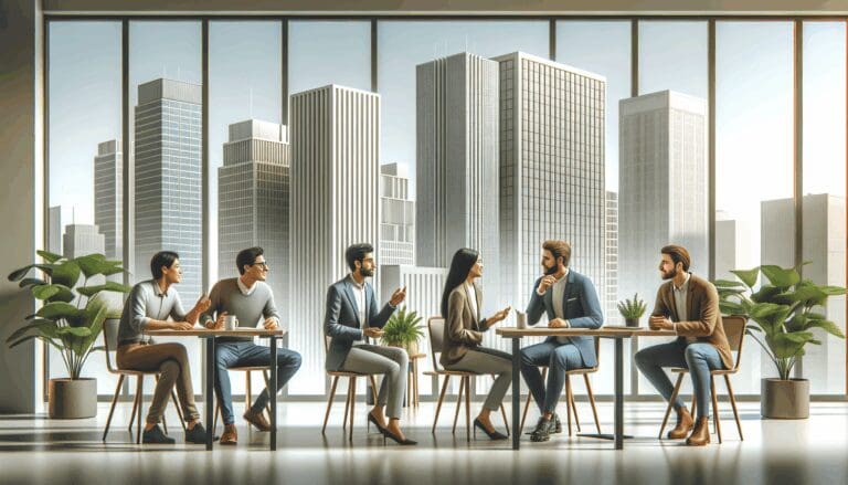 Edificios modernos de la Ciudad de México, con emprendedores conversando en un espacio colaborativo.