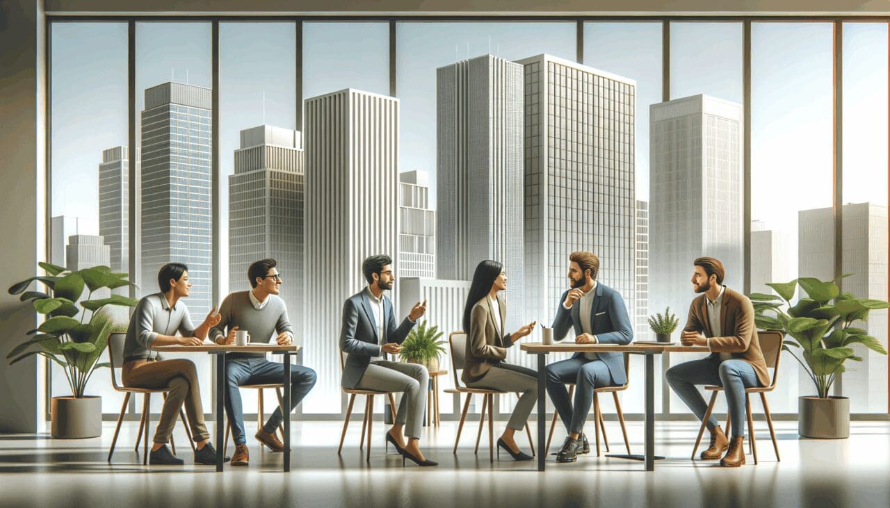 Edificios modernos de la Ciudad de México, con emprendedores conversando en un espacio colaborativo.