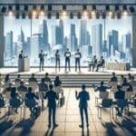 Emprendedores presentando proyectos en un auditorio moderno con público atento, fondo de ciudad latinoamericana.