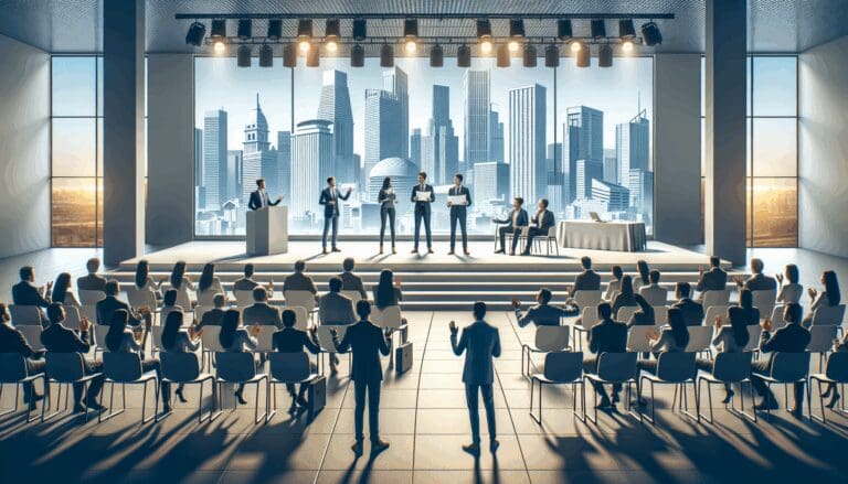 Emprendedores presentando proyectos en un auditorio moderno con público atento, fondo de ciudad latinoamericana.