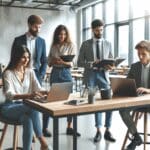 Varios emprendedores colaborando en un espacio de coworking moderno