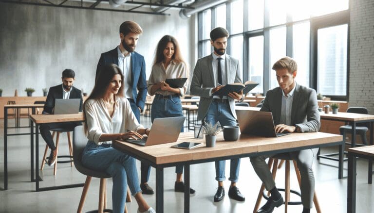 Varios emprendedores colaborando en un espacio de coworking moderno