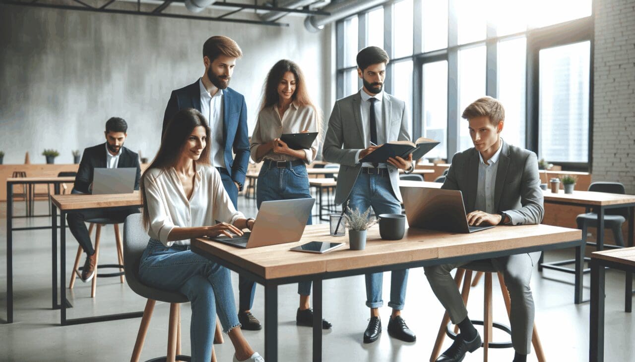 Varios emprendedores colaborando en un espacio de coworking moderno