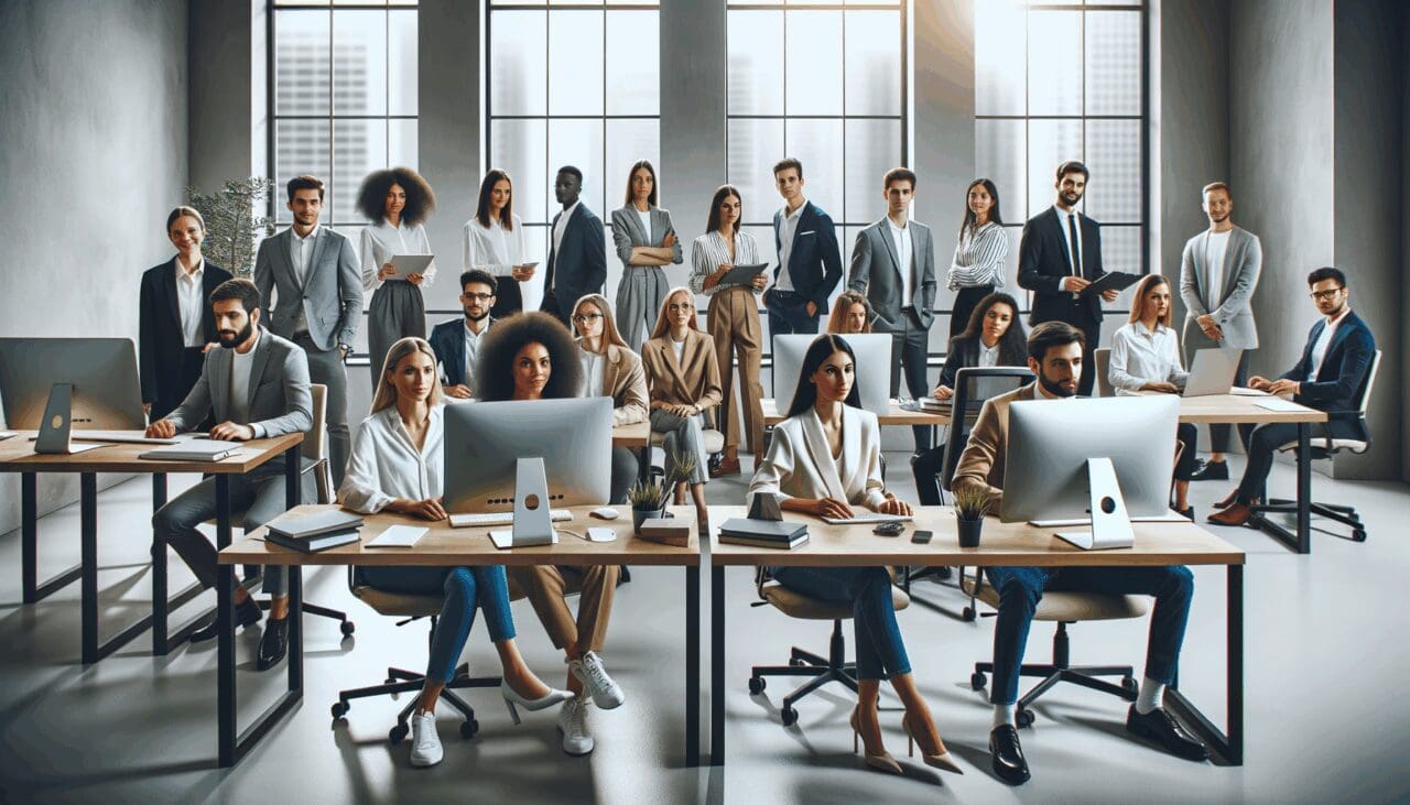 Grupo diverso de jóvenes emprendedores trabajando en una oficina moderna rodeada de tecnología.