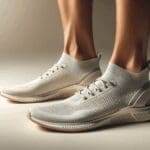 Primer plano de unas zapatillas minimalistas sobre fondo neutro, realzando su diseño ergonómico y moderno.