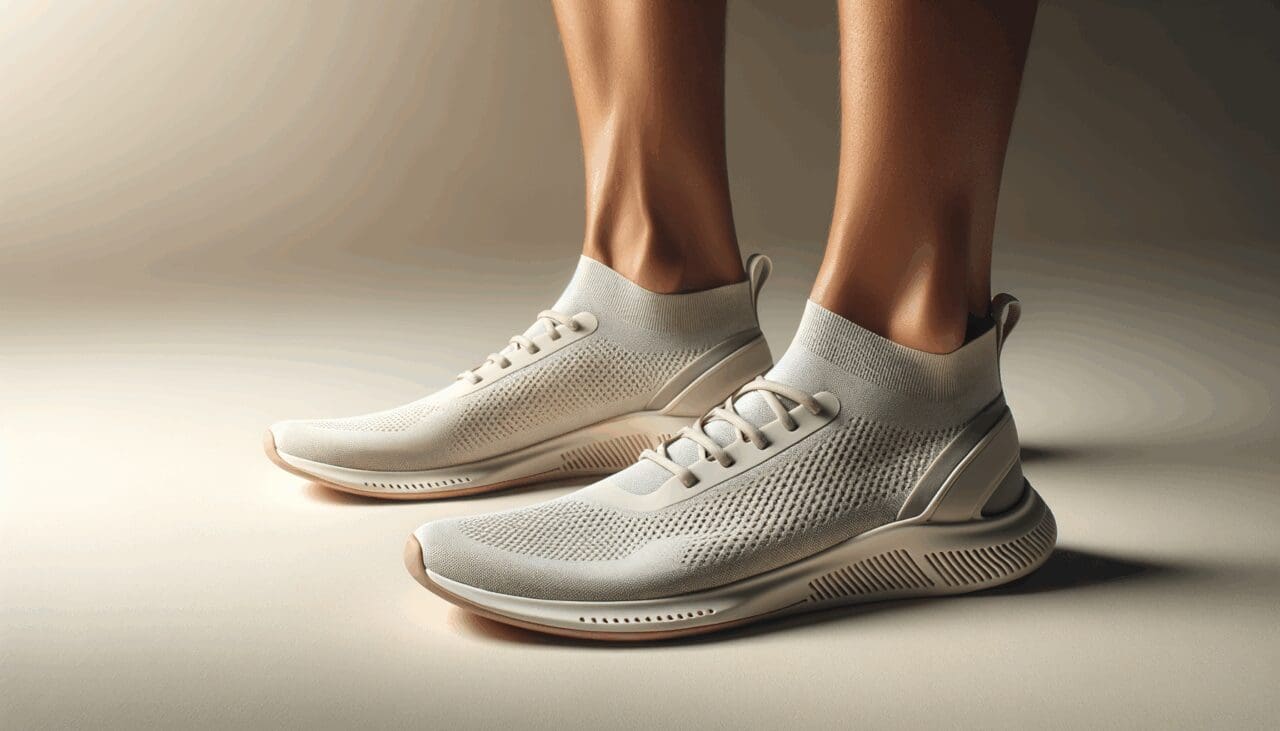 Primer plano de unas zapatillas minimalistas sobre fondo neutro, realzando su diseño ergonómico y moderno.