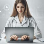 Un médico utilizando una computadora portátil en una consulta virtual, fondo blanco y elementos tecnológicos sutiles.