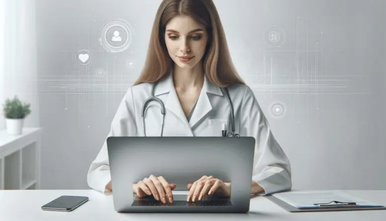 Un médico utilizando una computadora portátil en una consulta virtual, fondo blanco y elementos tecnológicos sutiles.