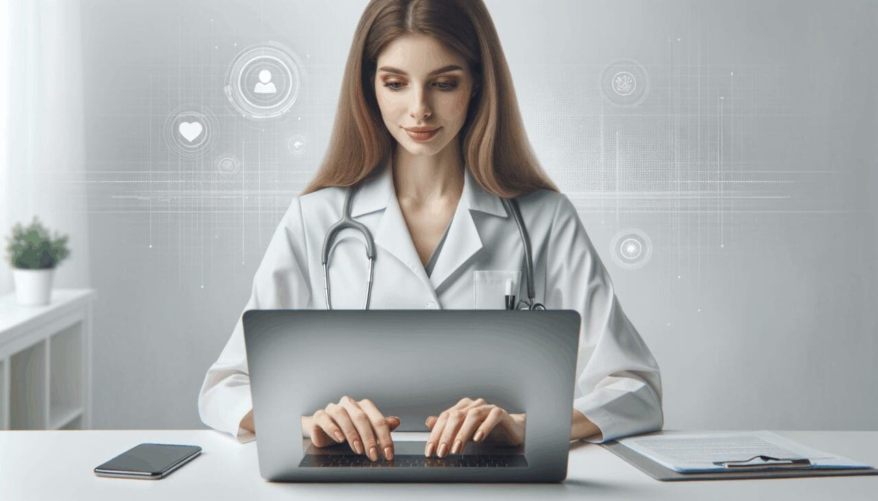 Un médico utilizando una computadora portátil en una consulta virtual, fondo blanco y elementos tecnológicos sutiles.