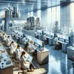 Laboratorio tecnológico moderno con científicos trabajando y equipos de análisis avanzados.