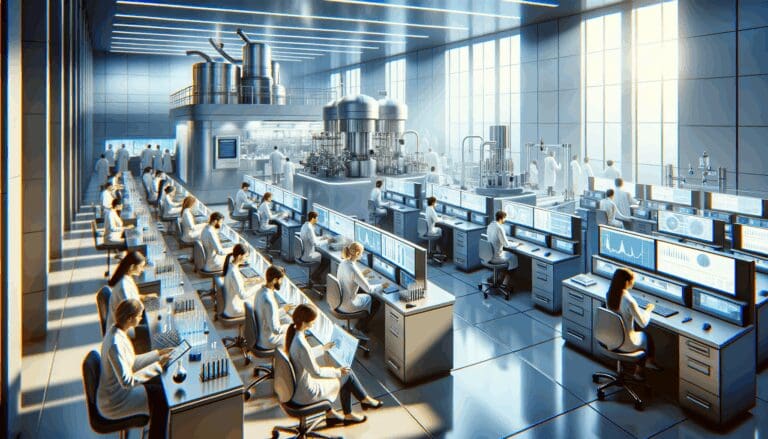 Laboratorio tecnológico moderno con científicos trabajando y equipos de análisis avanzados.