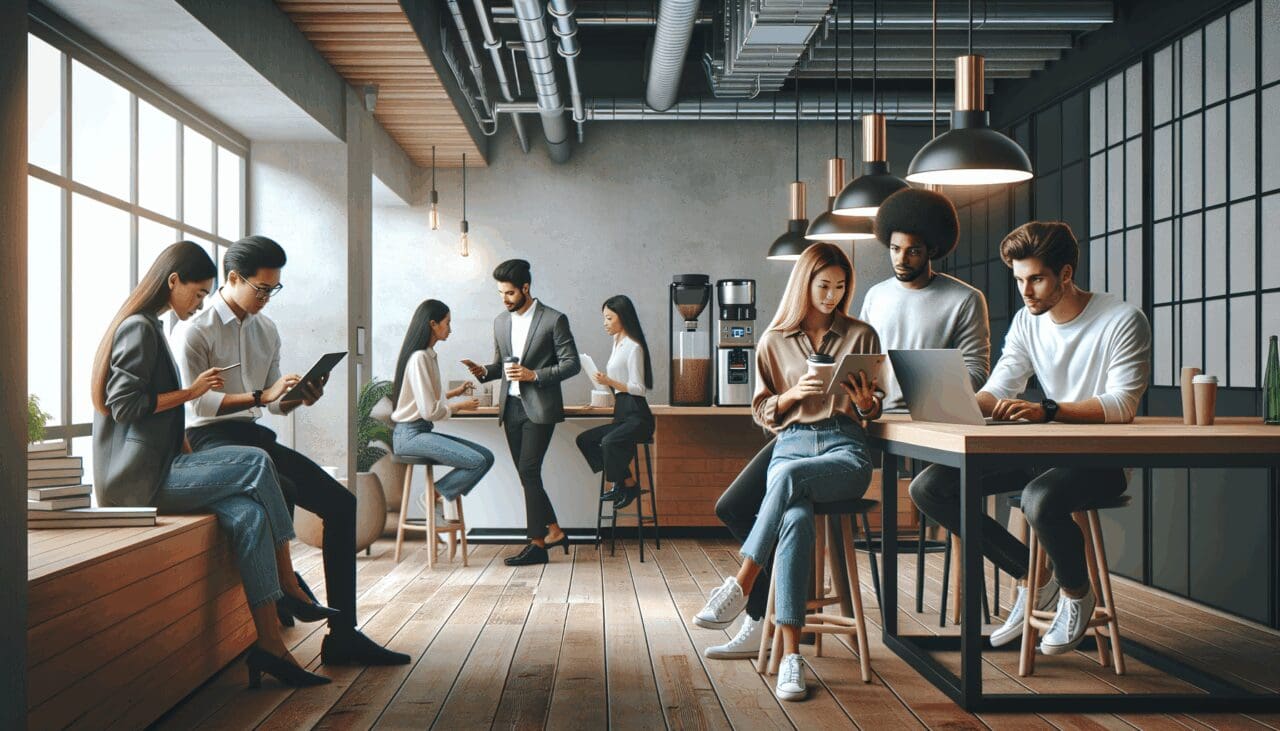 Personas jóvenes interactuando en un espacio de coworking moderno rodeados de tecnología.