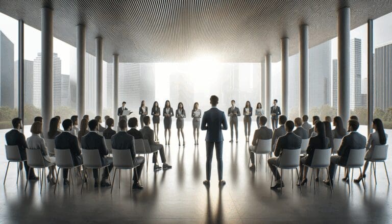 Finalistas de startups presentando sus ideas en un escenario moderno con luz natural y público atento.