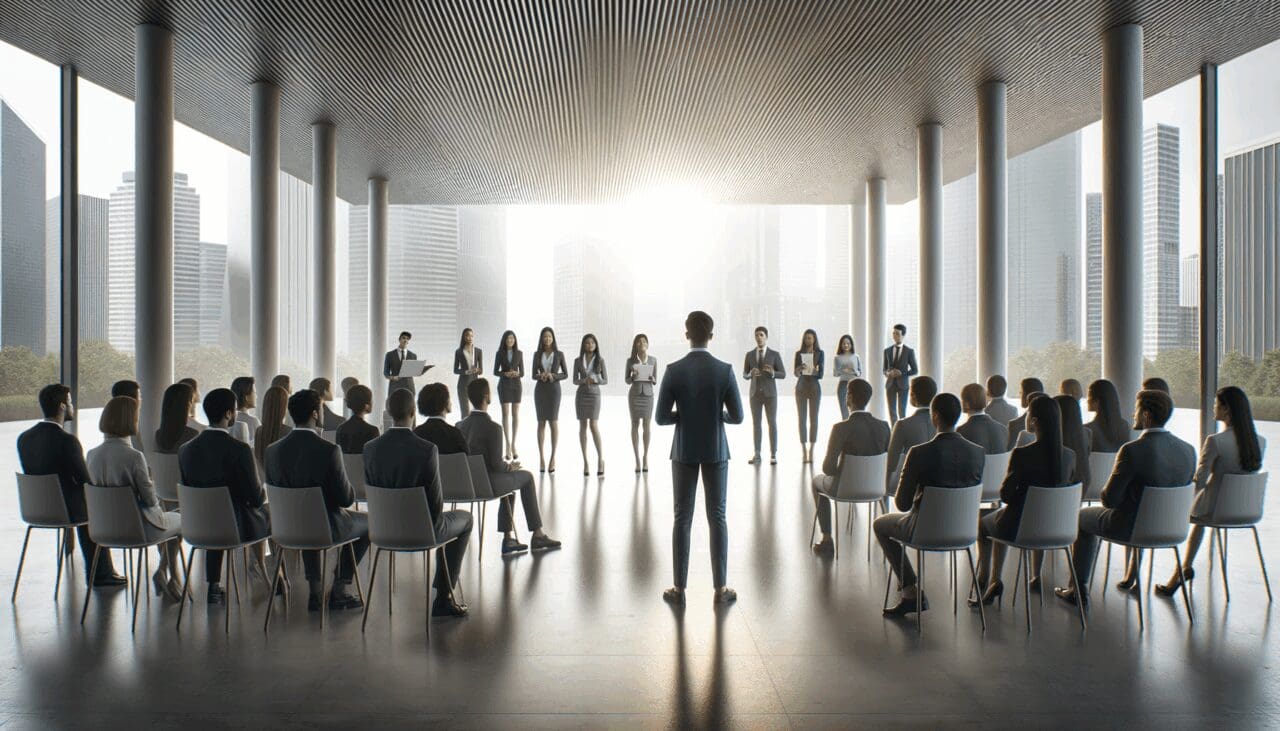 Finalistas de startups presentando sus ideas en un escenario moderno con luz natural y público atento.