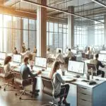 Oficina moderna de una startup tecnológica con equipos trabajando en computadoras, ambiente colaborativo.