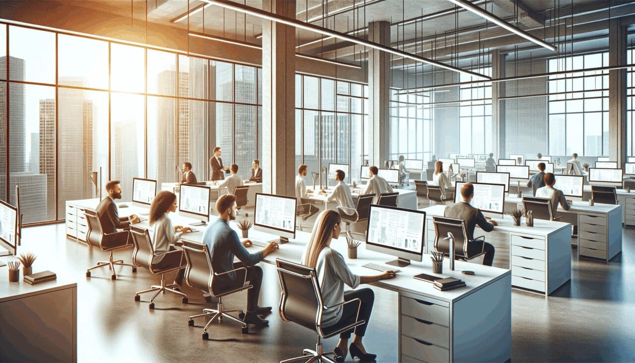 Oficina moderna de una startup tecnológica con equipos trabajando en computadoras, ambiente colaborativo.