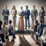 Grupo de emprendedores presentando su startup en un escenario tecnológico moderno, con público atento y ambiente profesional.