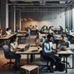 Jóvenes emprendedores reunidos frente a laptops en un moderno espacio de coworking, ambiente tecnológico y colaborativo.