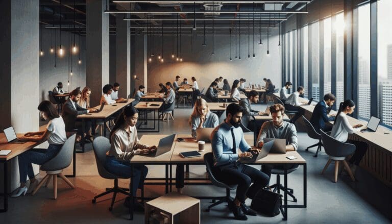 Jóvenes emprendedores reunidos frente a laptops en un moderno espacio de coworking, ambiente tecnológico y colaborativo.