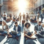 Equipo de emprendedores trabajando en laptops al aire libre en un entorno urbano moderno y soleado.