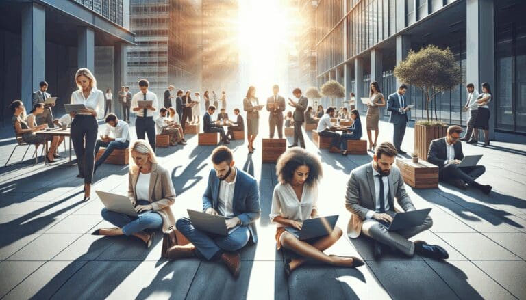 Equipo de emprendedores trabajando en laptops al aire libre en un entorno urbano moderno y soleado.