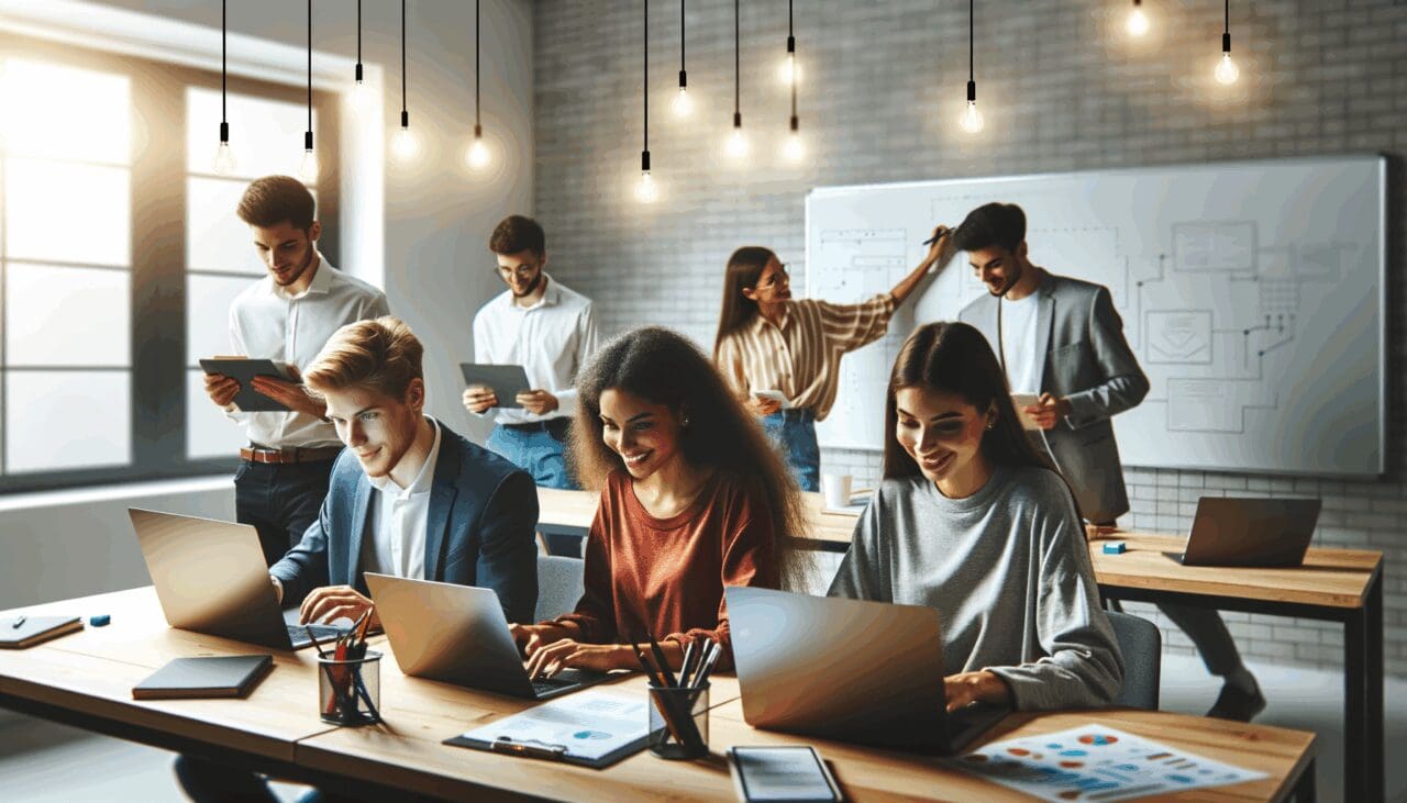 Emprendedores jóvenes en un espacio de coworking moderno colaborando entre computadoras portátiles y pizarras digitales.