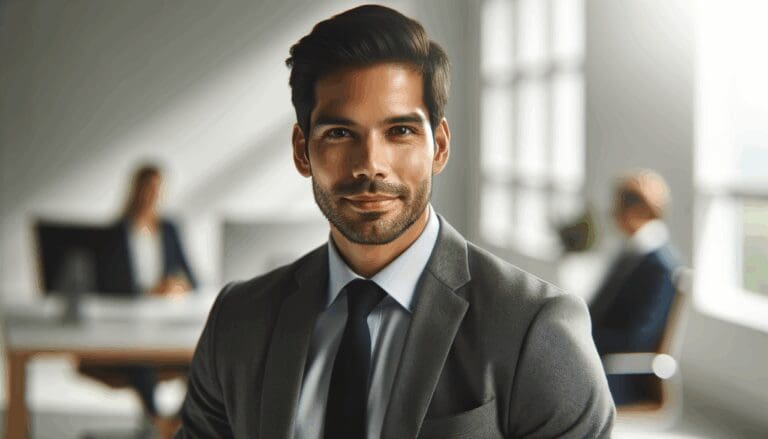 Retrato profesional de un ejecutivo latinoamericano en oficina moderna con luz natural.