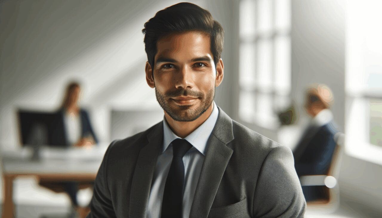 Retrato profesional de un ejecutivo latinoamericano en oficina moderna con luz natural.