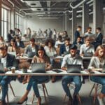 Jóvenes empresarios usando laptops en espacio de coworking moderno, ambiente colaborativo y tecnológico.