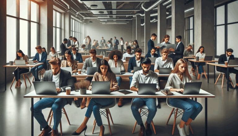 Jóvenes empresarios usando laptops en espacio de coworking moderno, ambiente colaborativo y tecnológico.