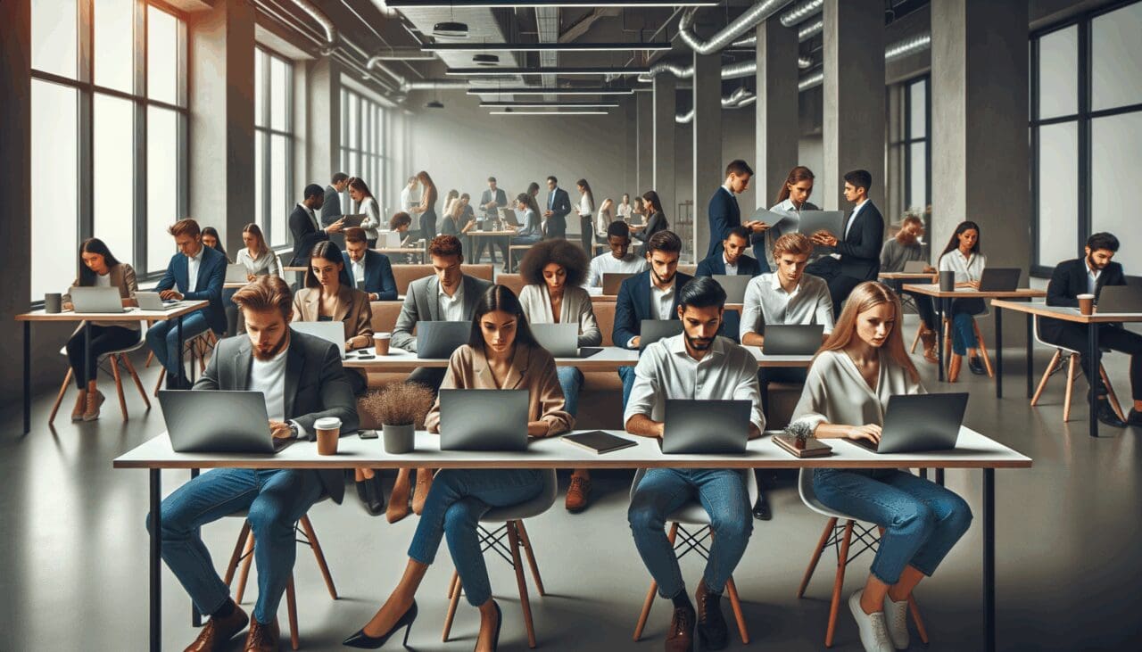 Jóvenes empresarios usando laptops en espacio de coworking moderno, ambiente colaborativo y tecnológico.