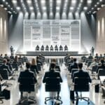 Auditorio con emprendedores y jurado durante una competencia tecnológica, ambiente moderno.