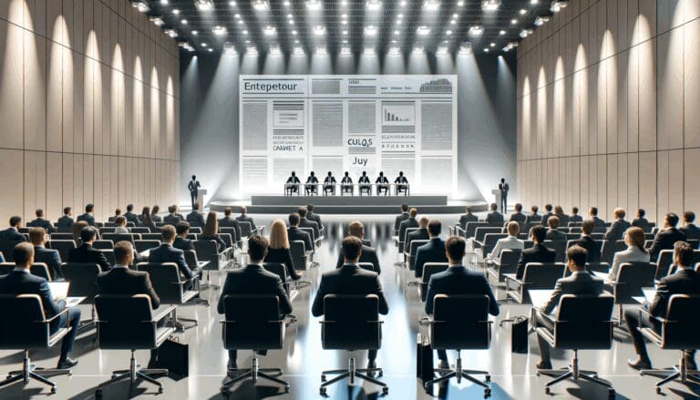 Auditorio con emprendedores y jurado durante una competencia tecnológica, ambiente moderno.