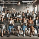 Grupo diverso de emprendedores reunidos en un espacio de coworking moderno con laptops y pantallas de datos.