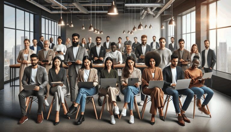 Grupo diverso de emprendedores reunidos en un espacio de coworking moderno con laptops y pantallas de datos.