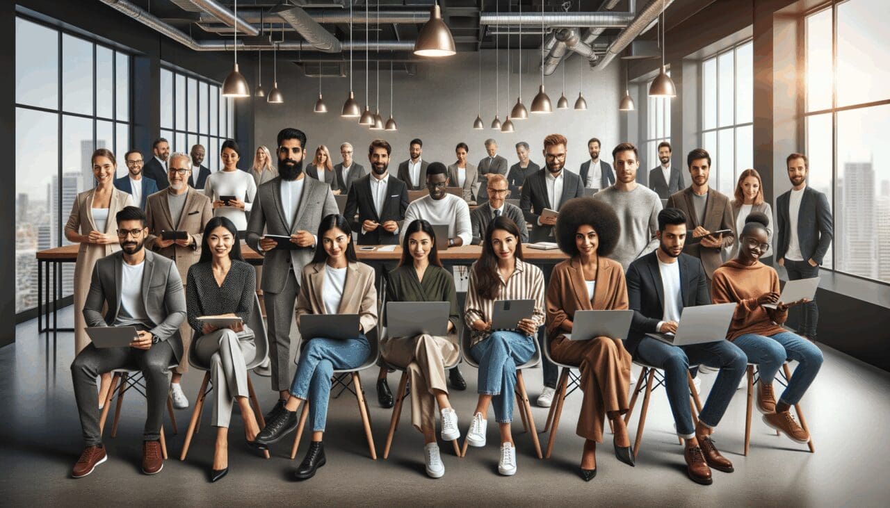 Grupo diverso de emprendedores reunidos en un espacio de coworking moderno con laptops y pantallas de datos.
