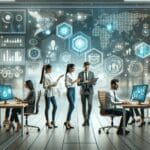 Equipo multidisciplinario trabajando con paneles digitales y gráficos futuristas en una oficina moderna.