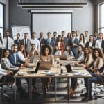 Equipo de trabajo reunido en una sala de juntas moderna con laptops y pizarras en un entorno tecnológico latinoamericano.