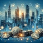 Ilustración conceptual de monedas digitales flotando sobre un fondo azul, con siluetas de rascacielos de una ciudad asiática al fondo.