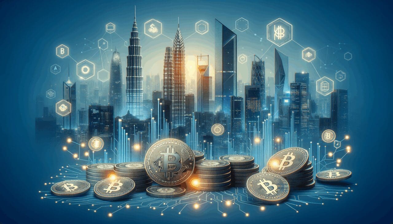 Ilustración conceptual de monedas digitales flotando sobre un fondo azul, con siluetas de rascacielos de una ciudad asiática al fondo.