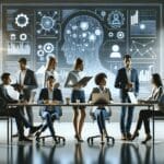 Ilustración de emprendedores colaborando frente a una pantalla con gráficos y elementos de inteligencia artificial, en un espacio moderno y luminoso.