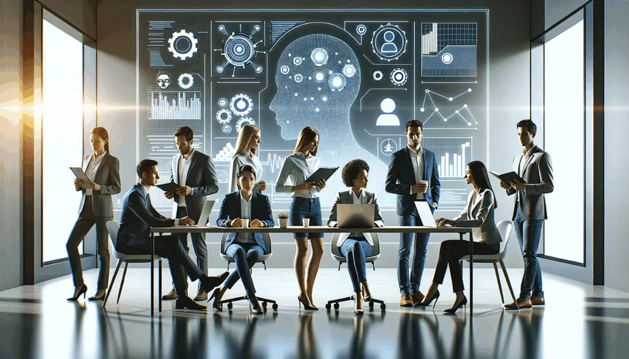 Ilustración de emprendedores colaborando frente a una pantalla con gráficos y elementos de inteligencia artificial, en un espacio moderno y luminoso.