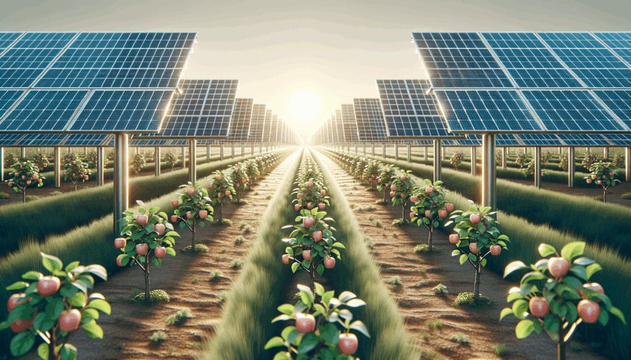 Manzanos jóvenes creciendo bajo paneles solares en un campo iluminado de manera uniforme.