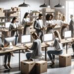 Personas trabajando en una startup tecnológica de alimentos, con computadoras y cajas de alimentos reutilizables.