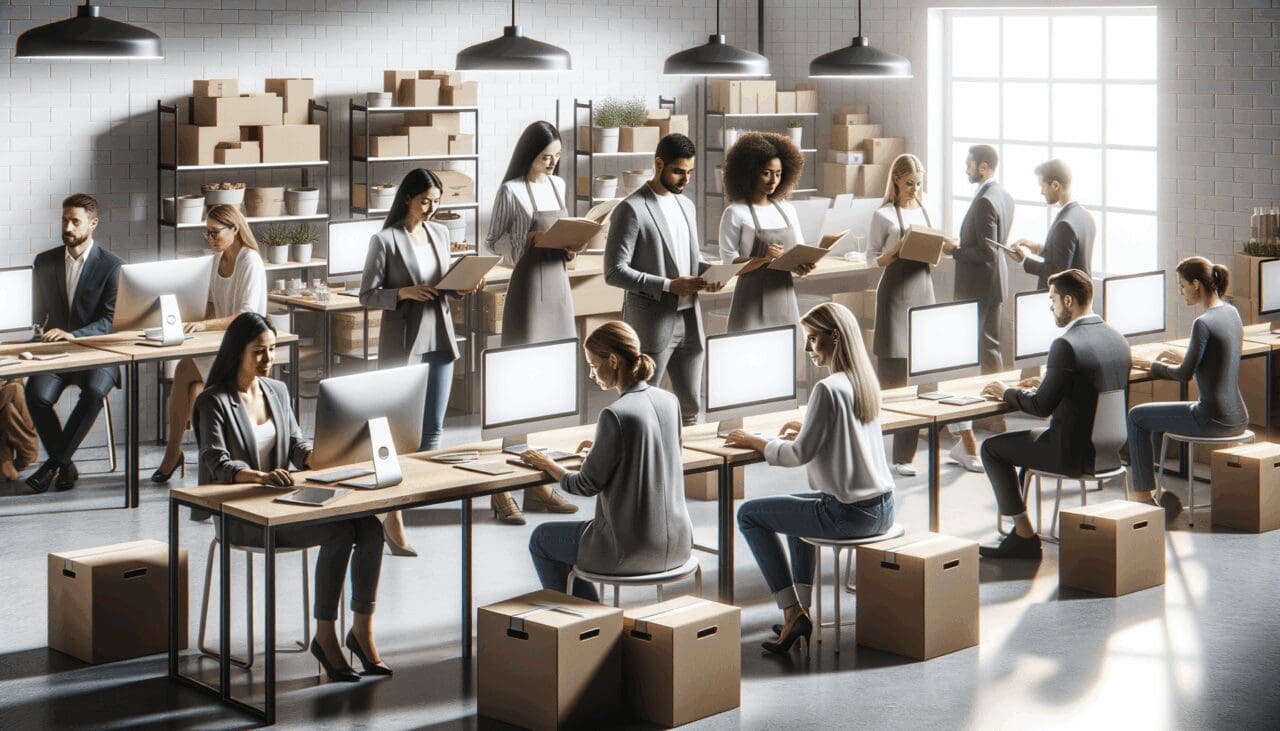 Personas trabajando en una startup tecnológica de alimentos, con computadoras y cajas de alimentos reutilizables.