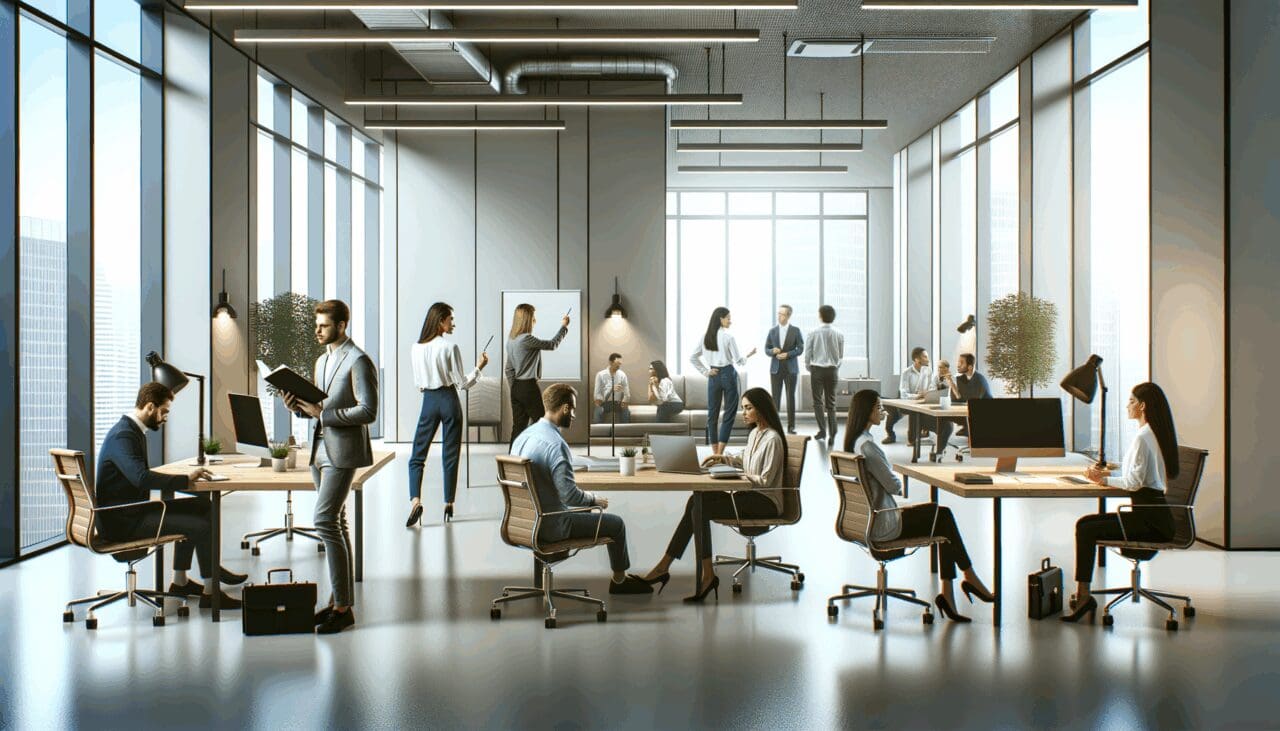 Oficinas modernas con equipos creativos colaborando en un ambiente innovador.