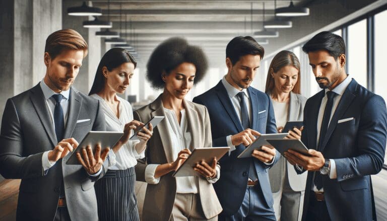 Grupo diverso de profesionales usando dispositivos digitales en una oficina moderna, reflejando colaboración y tecnología.