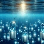Ilustración conceptual de cápsulas tecnológicas sumergidas en el fondo marino, con luces suaves y agua azul profundo.